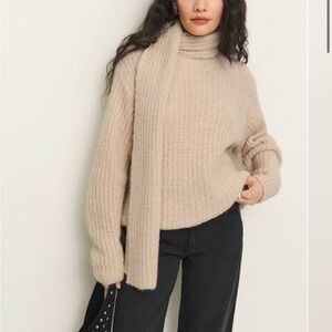 Reformation Cream Ribbed Turtleneck Sweater with Scarf